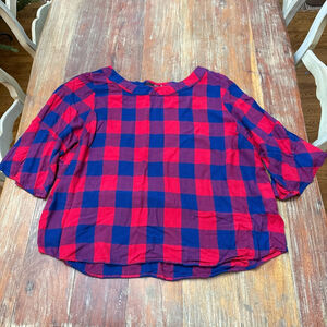 Max Jeans Red Blue Buffalo Plaid Bell Sleeve Blouse 3X